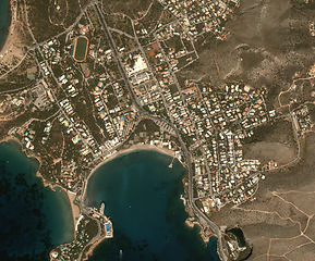 Image showing Ocean, buildings and top view of earth map with nature, water and residential landscapes. Globe, land and aerial of sea with field and houses from aerospace satellite for environment development.