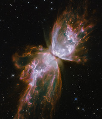 Image showing Solar system, space and dust cloud with stars in universe with light, pattern and color glow cosmos. Galaxy, infinity and planets in milky way with nebula shine, dark sky and explosion in aerospace.