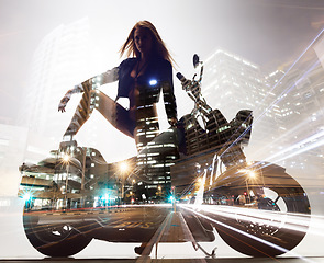 Image showing Woman in leather jacket, lingerie and motorcycle on double exposure in the city. Motorbike, bikini and model in urban town for freedom to travel, journey and sexy portrait of body for fashion style