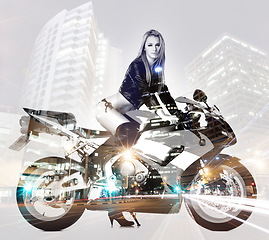 Image showing Woman in leather jacket, lingerie and portrait on motorcycle on double exposure in the city. Motorbike, bikini and model in urban town for freedom to travel, journey and sexy body for fashion style