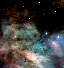 Image showing Galaxy, stars and neon cosmos in universe on dust cloud with light, pattern and color glow in solar system. Space, infinity and planets in milky way with nebula shine, dark sky and dots in aerospace.