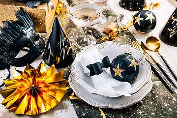 Image showing Christmas And New Year Holiday Table Setting with Champagne. 