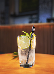 Image showing Refreshing drink with ice and lemon