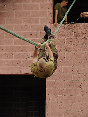 Image showing Obstacle, soldier and training with rope climbing for fitness, exercise or challenge outdoor with gear. Military, people and upside down for workout, mission or bootcamp with camouflage for survival