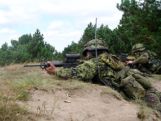 Image showing Army, soldier and target with weapon and aim for fitness, battle or challenge outdoor with gear or hiding. Military, people and attack for workout, mission or bootcamp with camouflage for survival