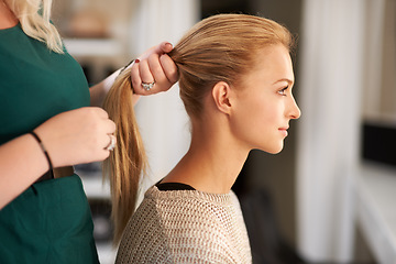 Image showing Hairdresser, beauty and woman styling for long, healthy and long hairstyle on a young model. Stylist, ponytail and beautiful female person from Australia at salon or spa for self care treatment.