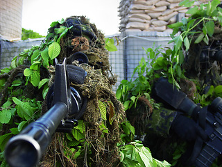 Image showing Sniper gun, camouflage and person aim, target or focus shooting at soldier, tactical mission training or Ukraine War. Battlefield, rifle gear and army shooter, warrior and scope military battle