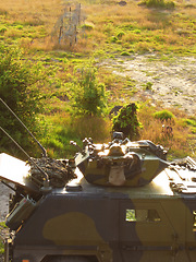 Image showing Nature, training and military transportation for the army, service or a mission in warzone. Forest, camping and transport for war, battle tank or bootcamp in countryside for special forces or defense