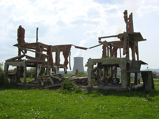 Image showing House, ruins and outdoor with building on land in war, destruction or bomb on countryside property. Warzone, damage or frame of broken home and growth on rubble in rural, nature or farm in woods