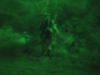 Image showing Night vision, military mission and a soldier pov in the forest for surveillance or tactical ambush. War, army and a person in the woods in the evening on a scouting assignment to search for intel