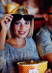 Image showing Cinema, 3d glasses or portrait of happy woman with popcorn, watching film or eating in audience or performance. Movie, night and face in theater with snacks, eyewear and smile in auditorium to relax