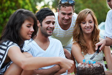 Image showing Birthday, people and cutting cake outdoor for celebration, surprise or party with milestone or happiness. Dessert, men or women in backyard of home or nature with gathering or social event with smile