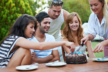 Image showing Birthday, friends and cutting cake outdoor for celebration, surprise or party with milestone or happiness. Dessert, men and women in backyard of home with gathering or social event with smile and fun
