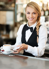 Image showing Coffee, barista and portrait of woman waiter in cafe making a latte, espresso or cappuccino at an event. Hospitality, server and female employee preparing a warm beverage in cup by a bar restaurant