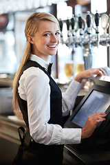 Image showing Cashier, barista and portrait of woman waiteress in cafe checking for payment receipt. Hospitality, server and young female butler preparing a slip at the till by a bar in coffee shop or restaurant.