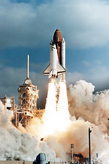 Image showing Spaceship launch, dust cloud and travel on space mission in research, exploration or discovery in cosmos. Science, aerospace innovation or technology for rocket in flight with flame, power and energy