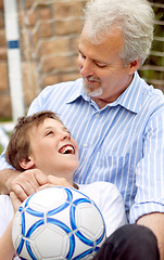 Image showing Senior, man or boy with smile and ball for football, sport or bonding in backyard, garden or field. Family, elderly person or son with happiness for soccer match, game or performance at home for care