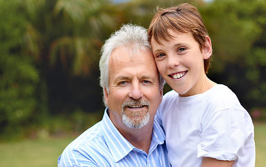 Image showing Family, portrait and man or boy with smile for bonding, love and care in backyard, park or nature. Senior, person and child together with embrace, relationship or happiness at home, apartment or joy