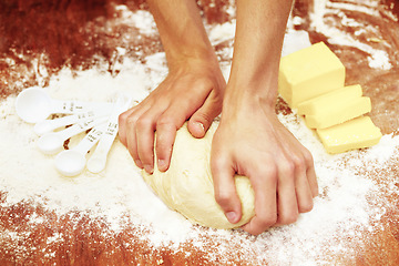 Image showing Hands, dough and butter, bakery and flour with production, food and baker person in kitchen with ingredients. Bread, pastry or cookies with baking process, dessert or meal with catering and recipe