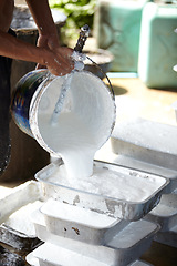 Image showing Rubber, agriculture and person with container in workshop, factory and production warehouse. Plantation, farming and worker with bucket for latex, plastic and material manufacturing in Thailand