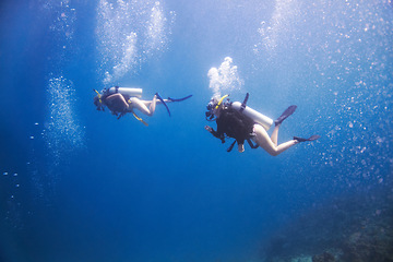 Image showing Friends, swimming and scuba diving for underwater adventure, explore ocean and tropical holiday or vacation. Sports people, tourist or diver with bubbles, blue water and search for sea life or coral