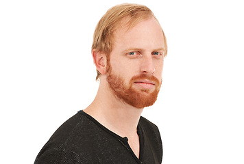 Image showing Serious man, portrait and face of ginger standing or posing isolated against a white studio background. Male person or USA model with smirk, blue eyes and beard in casual fashion, style or mockup