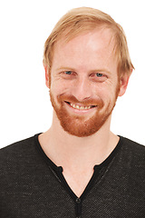 Image showing Face, portrait and happy man, ginger or smile isolated against a white studio background. Closeup of male person, USA or model looking in confidence, happiness or ambition in casual style fashion