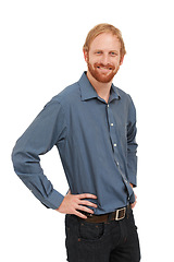 Image showing Happy businessman, portrait and ginger standing with hands on hip isolated against a white studio background. Man, employee or model smile posing in confidence for career or casual fashion on mockup