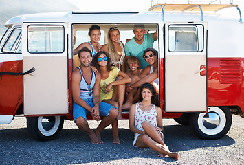 Image showing Caravan, transport and friends on road trip, travel and summer vacation with portrait of people and relax. Happiness, freedom and together on adventure with transportation and fun on friendship date