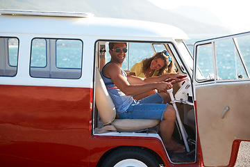 Image showing Caravan, transportation and couple on road trip, travel and vacation with portrait of people in relationship. Happiness, freedom and together on adventure with transport, anniversary date and smile