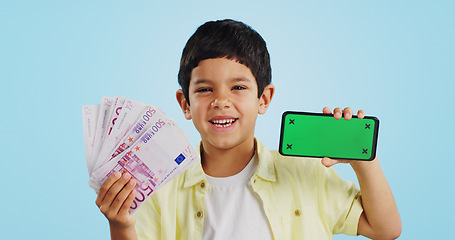 Image showing Face of kid, money or phone green screen in studio on social media to win a cash prize or reward. Euros, blue background or happy child with notification for online marketing, mockup or advertising