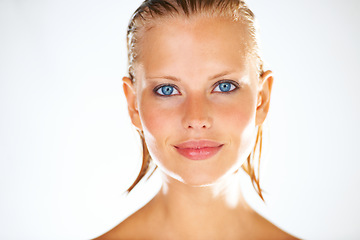 Image showing Portrait of woman on a white background for shower, wellness and grooming satisfaction in studio. Beauty, luxury spa and face of isolated happy person with wet hair for skincare, washing and cleaning
