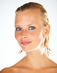 Image showing Shower, skincare and woman on a white background for wellness, grooming and beauty. Dermatology, luxury spa and face of isolated person with wet hair for washing, satisfaction and cleaning in studio