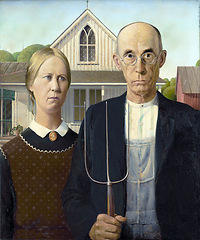 Image showing American gothic, painting and portrait of farmer in art, history or people or architecture of house on canvas. Vintage, artwork and retro icon or character of culture in creative image and picture