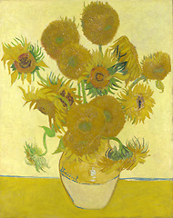 Image showing Van Gogh, art and painting of sunflower, bouquet and vase on table with golden light in creative style. Vintage, artwork and sad still life of flowers on canvas, print or drawing in oil paint