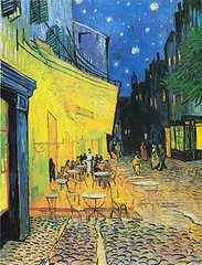 Image showing Van Gogh, art and painting of cafe at night with dark street, restaurant and terrace with gold light in creative style. Vintage, artwork and coffee shop on canvas, print or drawing in oil paint