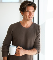 Image showing Coffee, smile and young man in apartment with thinking, vision or reflection face expression. Handsome, happy and male person from Canada with latte, cappuccino or espresso with an idea at home.