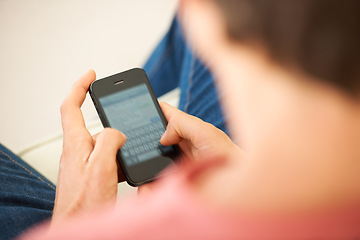 Image showing Phone, hands and closeup of man networking on social media, mobile app or the internet. Technology, cellphone and male person typing a text message or scroll on website for entertainment at home.