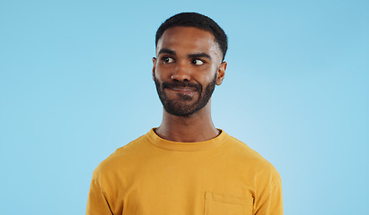 Image showing Thinking, anxiety and stress of black man in studio isolated on a blue background mockup. Challenge, fear and scared person worry for financial crisis, bankruptcy and doubt mistake, nervous and fail