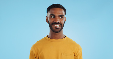 Image showing Thinking, anxiety and stress of black man in studio isolated on a blue background mockup. Challenge, fear and scared person worry for financial crisis, bankruptcy and doubt mistake, nervous and fail