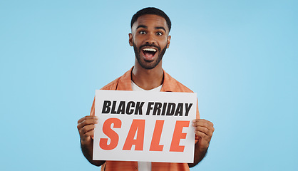 Image showing Black Friday sales poster, happy man or surprise ads commercial, discount promo banner or studio sign. Billboard, info or portrait person presentation, announcement or notification on blue background