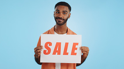 Image showing Studio sales poster, happy man and surprise ads commercial, discount promotion banner or notification sign. Billboard info, placard and ambassador presentation, choice or deal on blue background