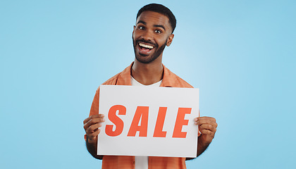 Image showing Studio sales poster, happy man and surprise ads commercial, discount promotion banner or notification sign. Billboard info, placard and ambassador presentation, choice or deal on blue background