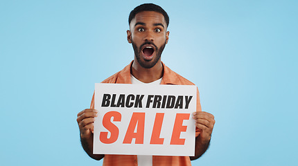 Image showing Black Friday sales poster, happy man or surprise ads commercial, discount promo banner or studio sign. Billboard, info or portrait person presentation, announcement or notification on blue background