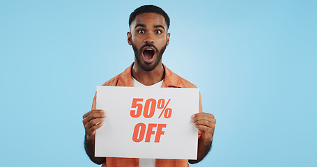 Image showing Sales poster, happy man or surprise discount offer, studio promo banner and advertising brand, info or service. Billboard savings sign, wow commerce announcement or portrait person on blue background