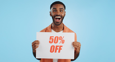 Image showing Sales poster, happy man or surprise discount offer, studio promo banner and advertising brand, info or service. Billboard savings sign, wow commerce announcement or portrait person on blue background