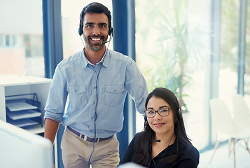 Image showing Portrait, manager and employee with telemarketing, customer service and help desk in a workplace. Business people, man and woman with call center, advice and crm with tech support, mentor or coaching