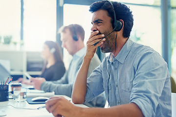 Image showing Yawn, tired and telemarketing with man, call center and overworked with crm, help desk and office. Business, burnout or employee with headphones, agent and fatigue with consultant or customer service