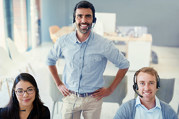 Image showing Telemarketing, manager and employees with customer service, portrait or coaching with help desk. Business people, men or woman with tech support, crm or advice with mentor, internet and call center