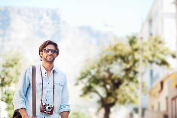 Image showing Photographer, happy man or tourist on holiday, vacation or trip for a fun adventure in Italy with sunglasses. Summer mockup space, travel or person for camera or freedom sightseeing in nature journey